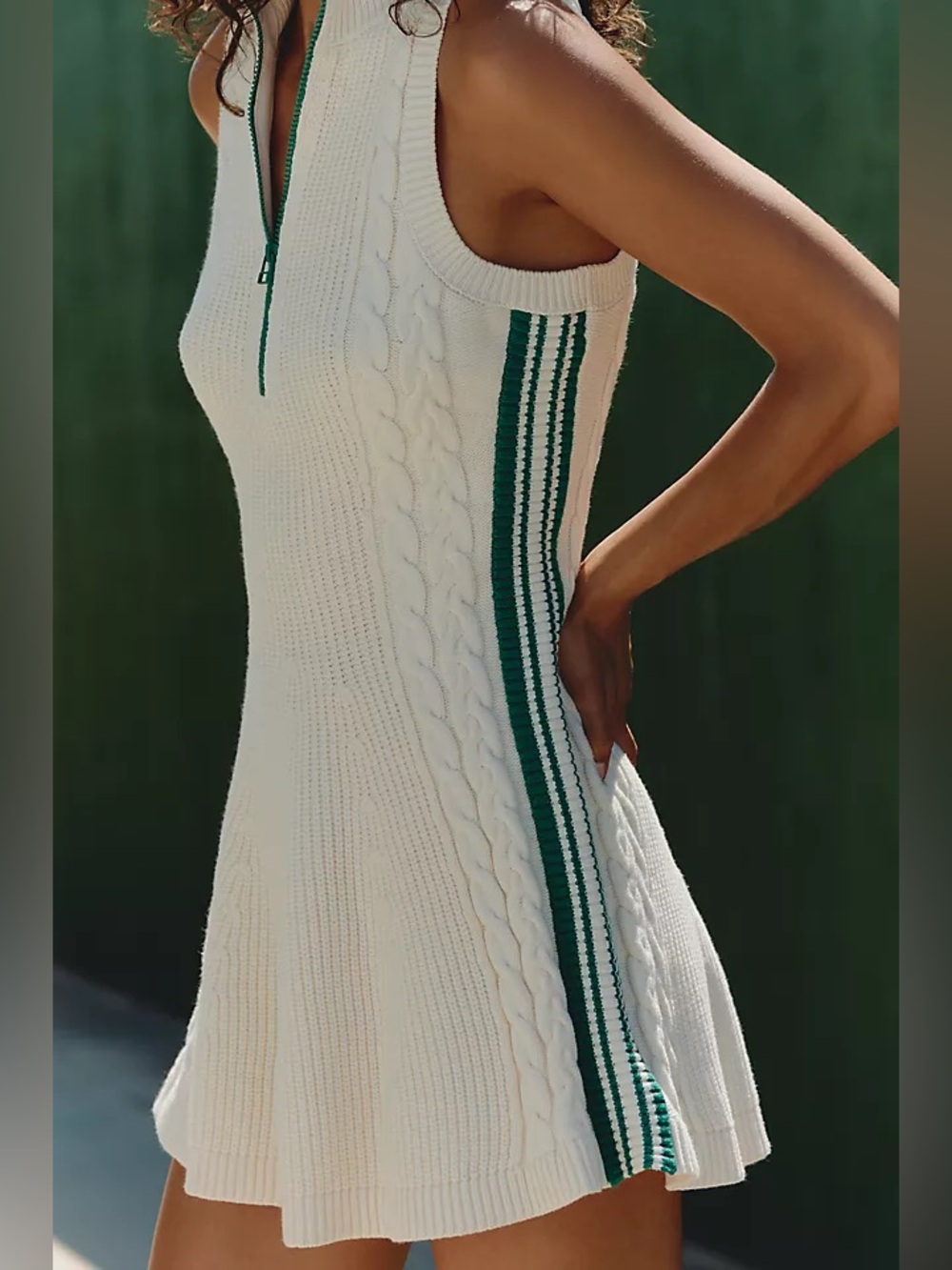 Anthropologie Sleeveless Cream Knit Mini Dress with Green Trim